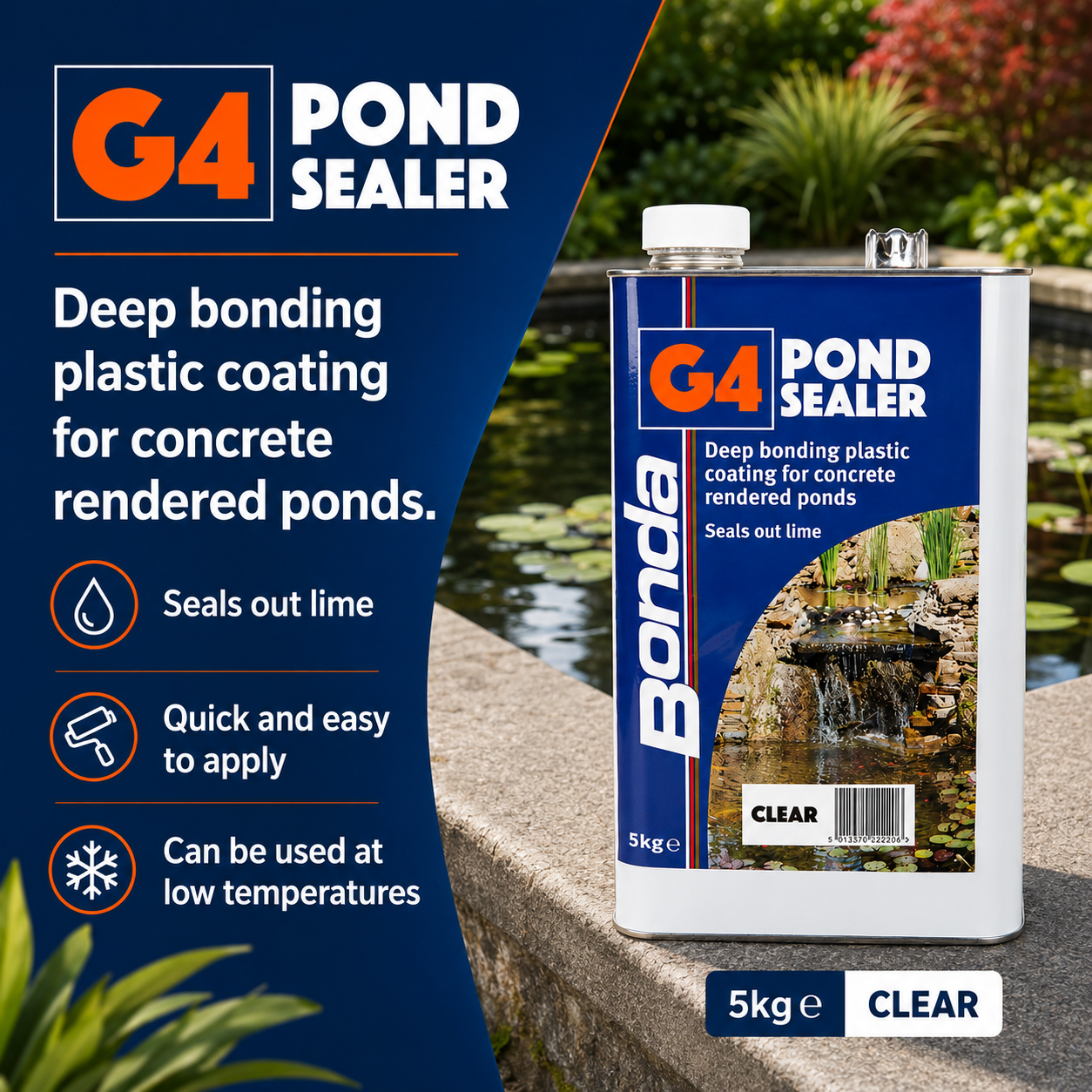 A 5kg can of G4 Pond Sealer Clear liquid coating shown next to a dark blue promotional graphic with product features, set against a background of a garden pond and stone ledge.